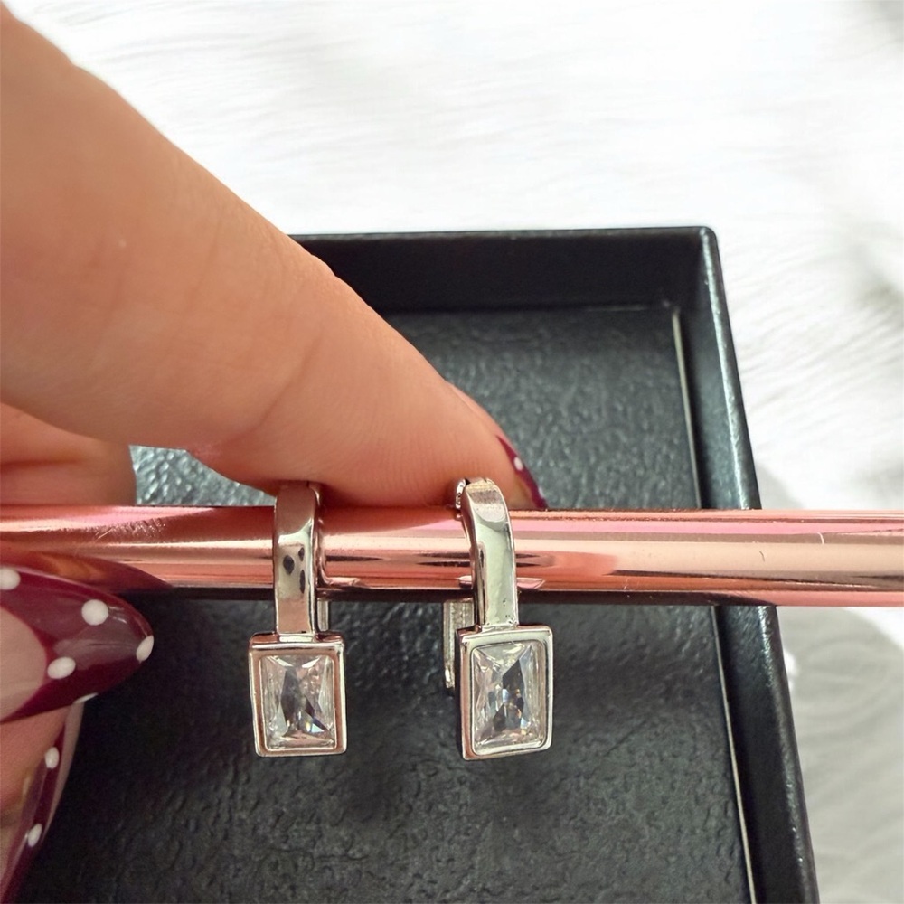 Silver Hoop Earrings with Baguette Crystal Accent - White - Picture 2 of 3